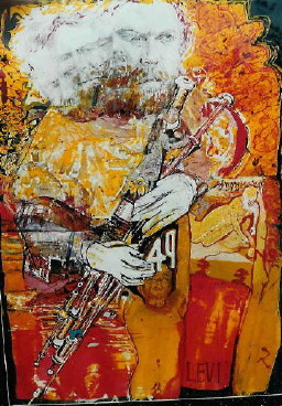 Painting of Paul Brennan playing the pipes